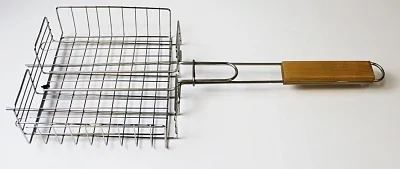 Решетка-гриль из ПИЩЕВОЙ нерж. стали с деревянной ручкой, 340х260х55