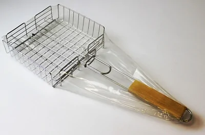 Решетка-гриль из ПИЩЕВОЙ нерж. стали с деревянной ручкой, 340х260х55