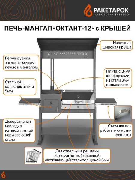 Печь-мангал ОКТАНТ 12 с Крышей и печью под казан 12л (без крышки)