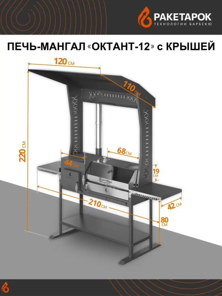 Печь-мангал ОКТАНТ 12 с Крышей, крышкой из нерж.стали, нерж. решетки