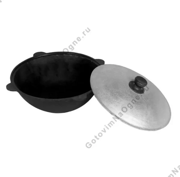Казан чугунный 8 литров с алюминиевой крышкой и плоским дном (Узбекистан)
