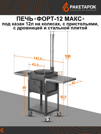 Печь "ФОРТ-12 Макс" + Казан 12л Гардарика с чугунной крышкой и дужкой 