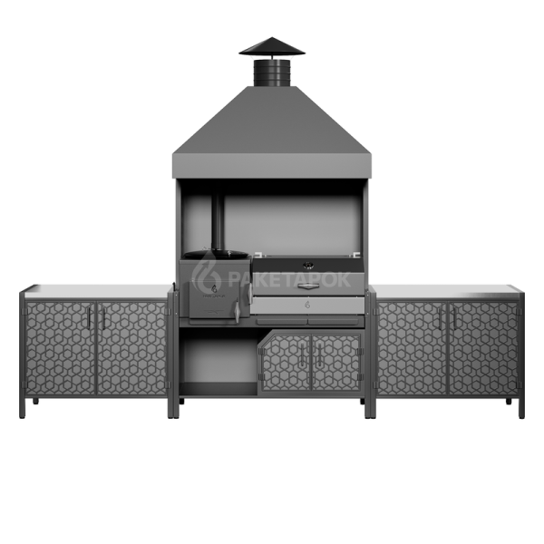 Кухня барбекю ПРОТЕЙ К-3 с печь-мангалом ОКТАНТ-12, две тумбы 1м со столешницей из нерж. стали