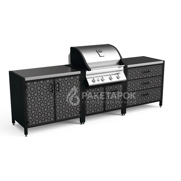 Кухня барбекю ПРОТЕЙ К-3 c газовым грилем NAPOLEON Bilex-485, 2 тумбы со столешн. из нерж. стали