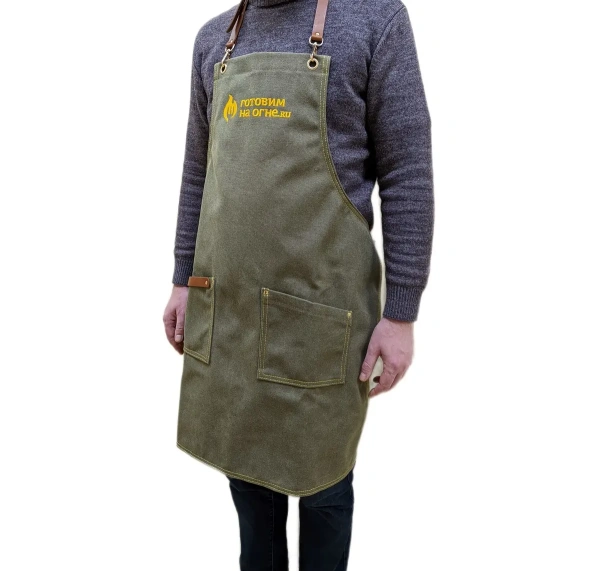 Фартук  для барбекю "Готовим на огне" из ткани с кожаными ремнями