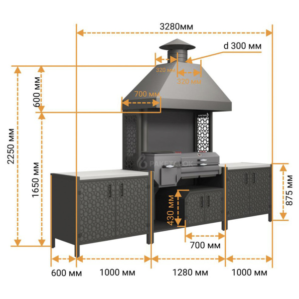 Модуль кухни барбекю ПРОТЕЙ К-3 для гриль-печи с вытяжным куполом и тумбой