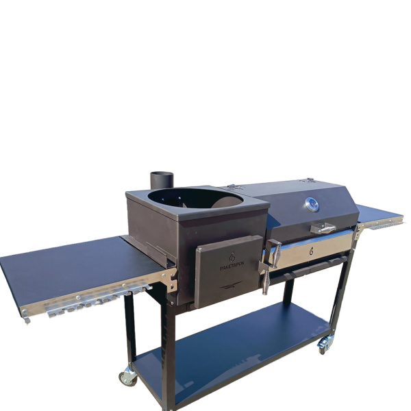 Печь-мангал ОКТАНТ 12 на колесах с черной крышкой-гриль и решетками из нерж. стали